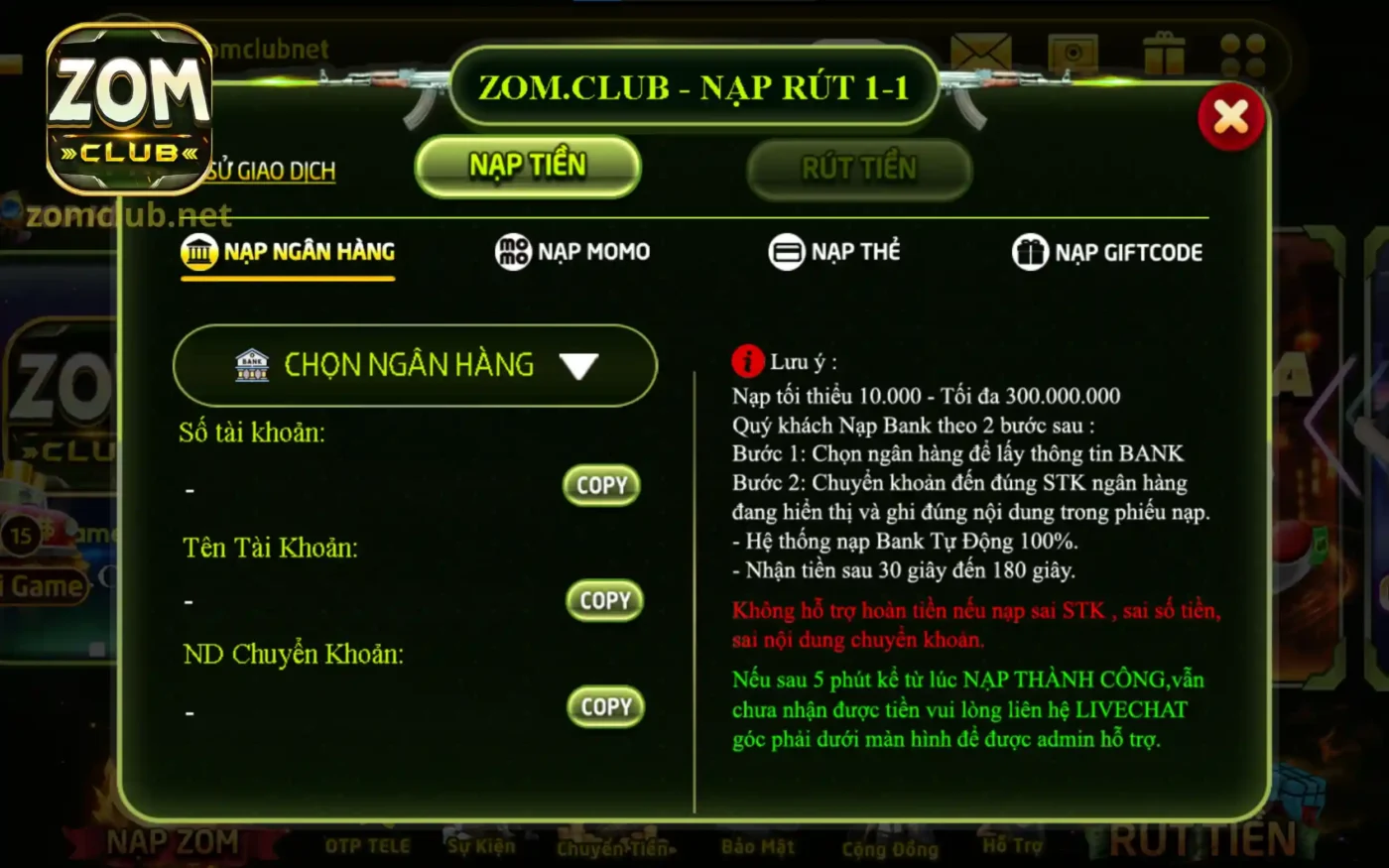 Nạp tiền bằng ngân hàng là cách thức được ưa chuộng