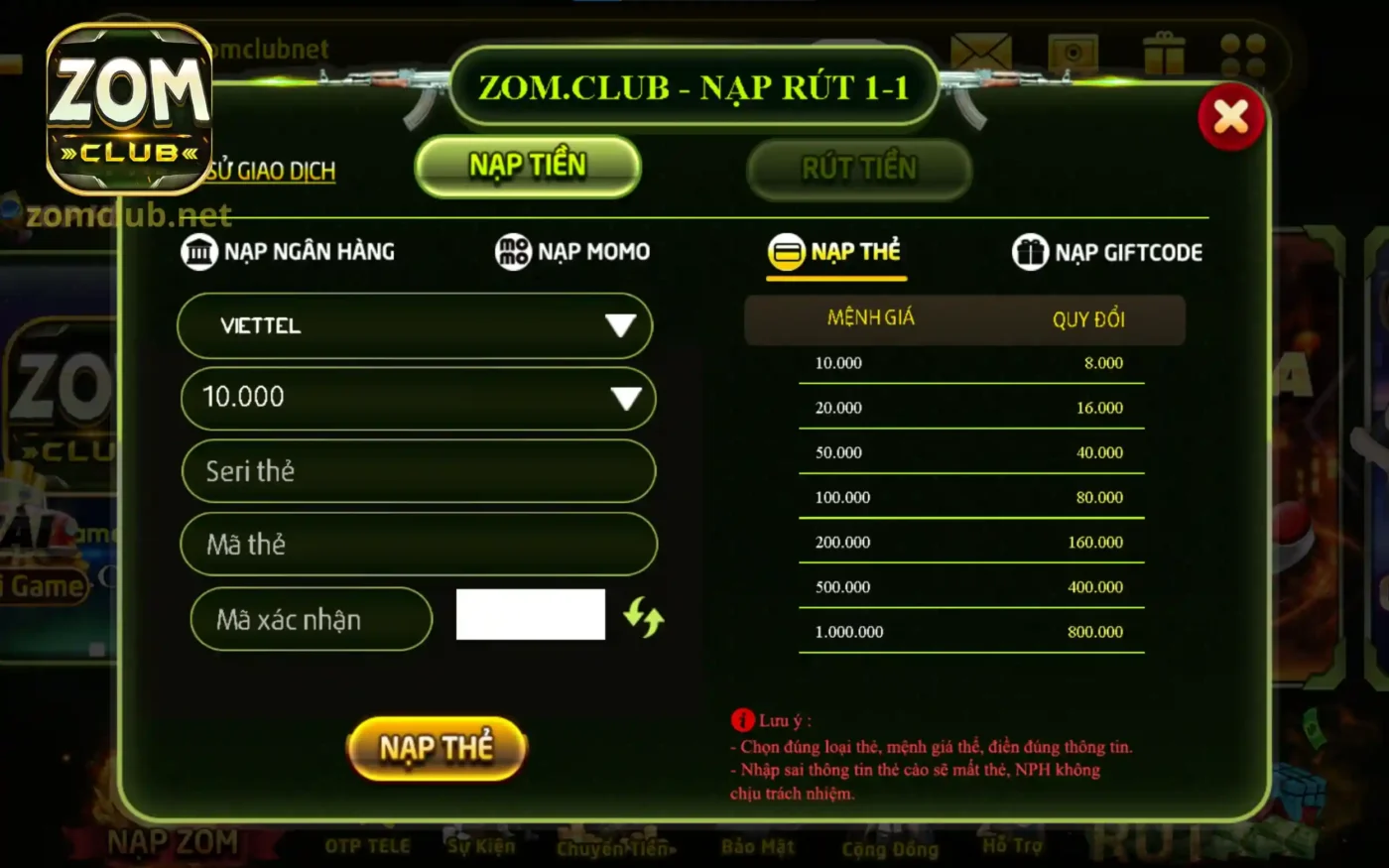 Nạp tiền ZomClub bằng thẻ cào