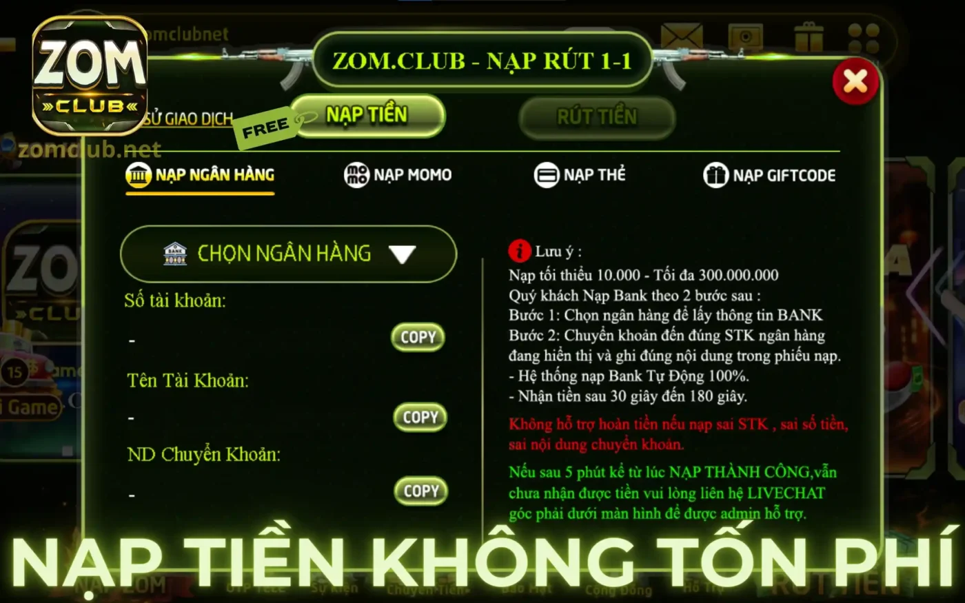 Zomclub không thu phí đối với giao dịch nạp tiền vào tài khoản